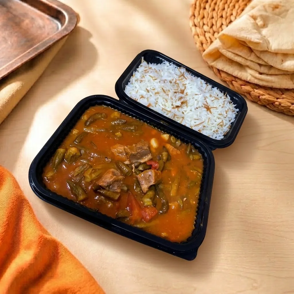 بامية باللحمة مع رز 🍲🍚