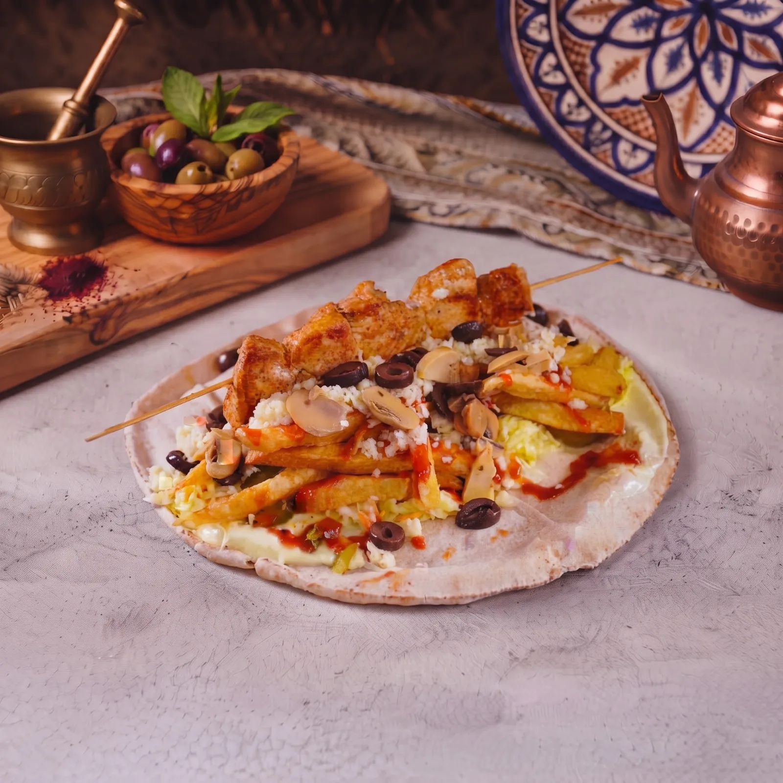 شيش صاج مع جبنة وفطر